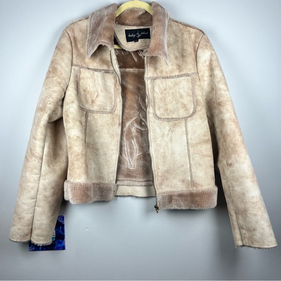 Vintage Baby Phat Faux Suede Jacket Faux Fur Large Tan 90s Y2K Coat Winter READ - Picture 2 of 11